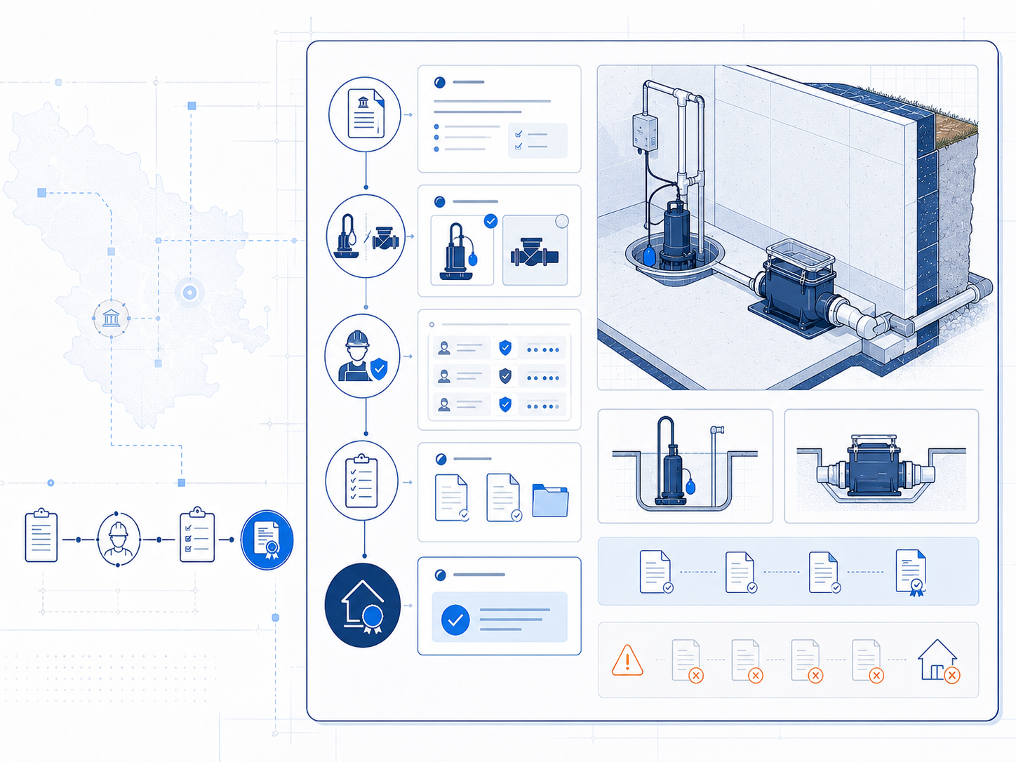 Illustrated workflow showing municipal rebate paperwork, contractor review, sump pump installation, and backwater valve flood-prevention hardware.
